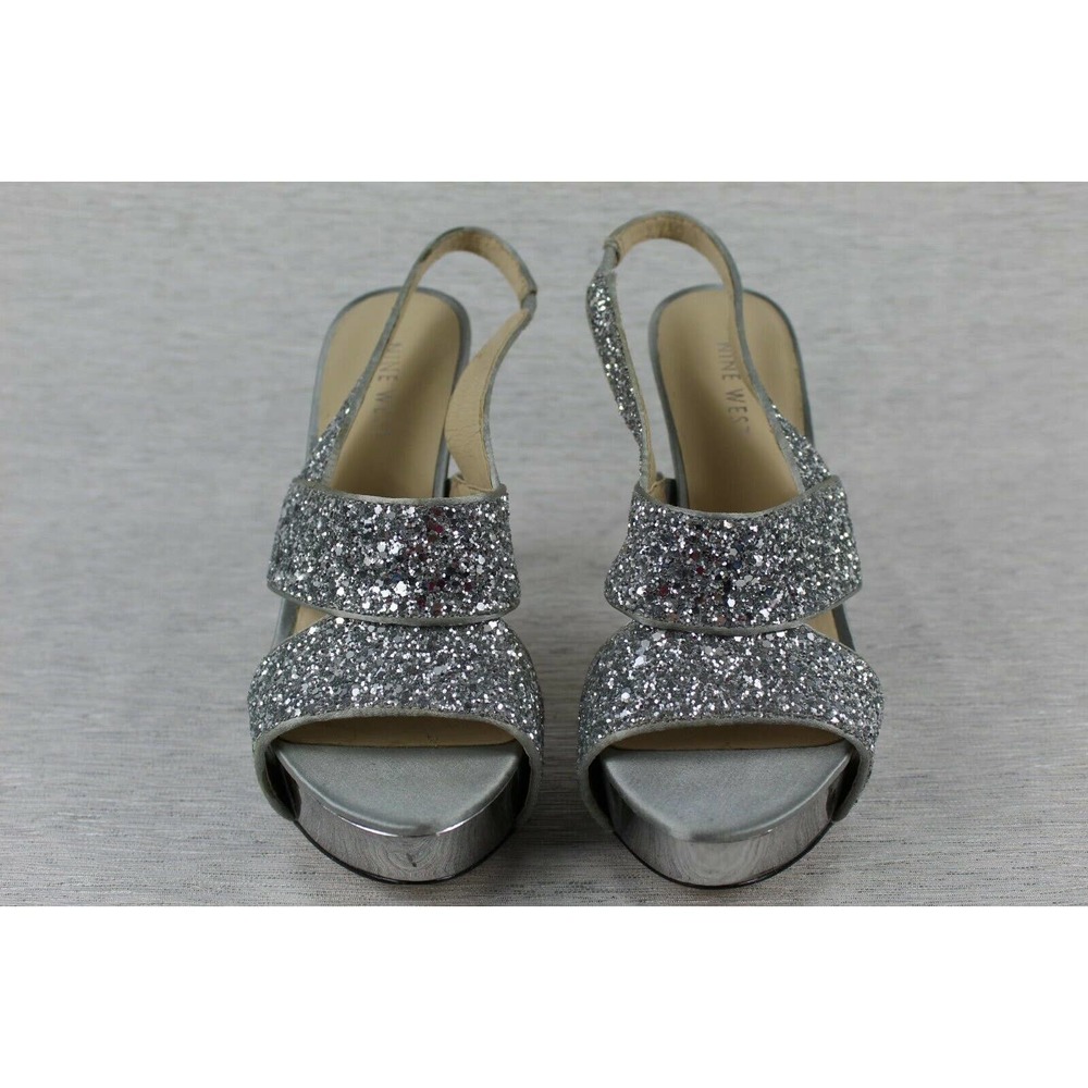 Nine West Fairgame Platform Heel - Open toe Silver Sparkle Glitter - Size 7